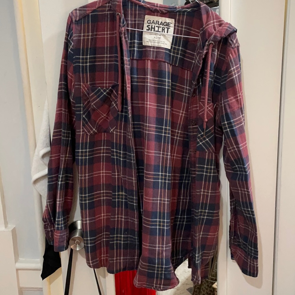 Burgundy plaid long sleeve with hood